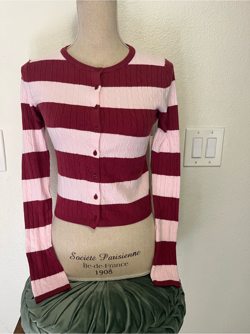 No Boundaries Pink and Burgundy Striped Cable-Knit Cardigan